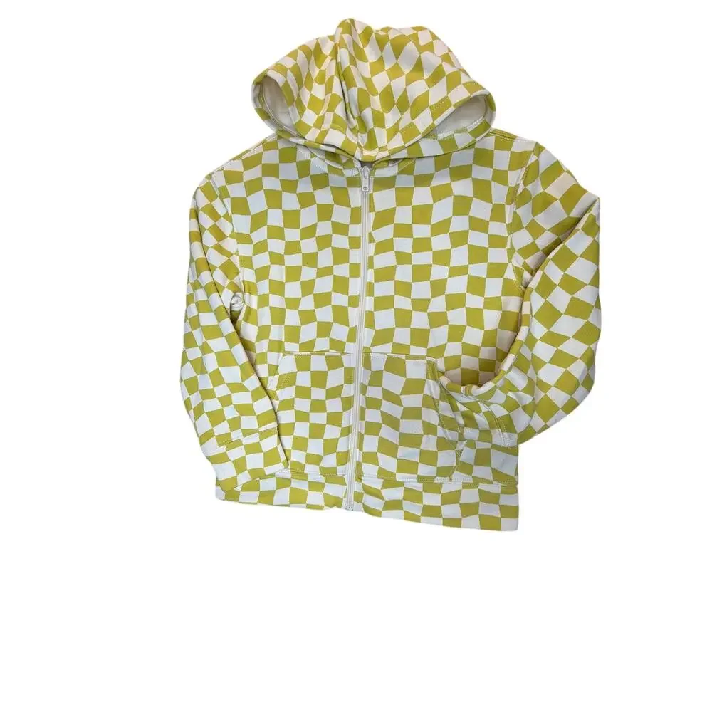 Old Navy Boys Size 8 Zip Up Hoodie Sweatshirt Wavy Checkerboard Yellow/green